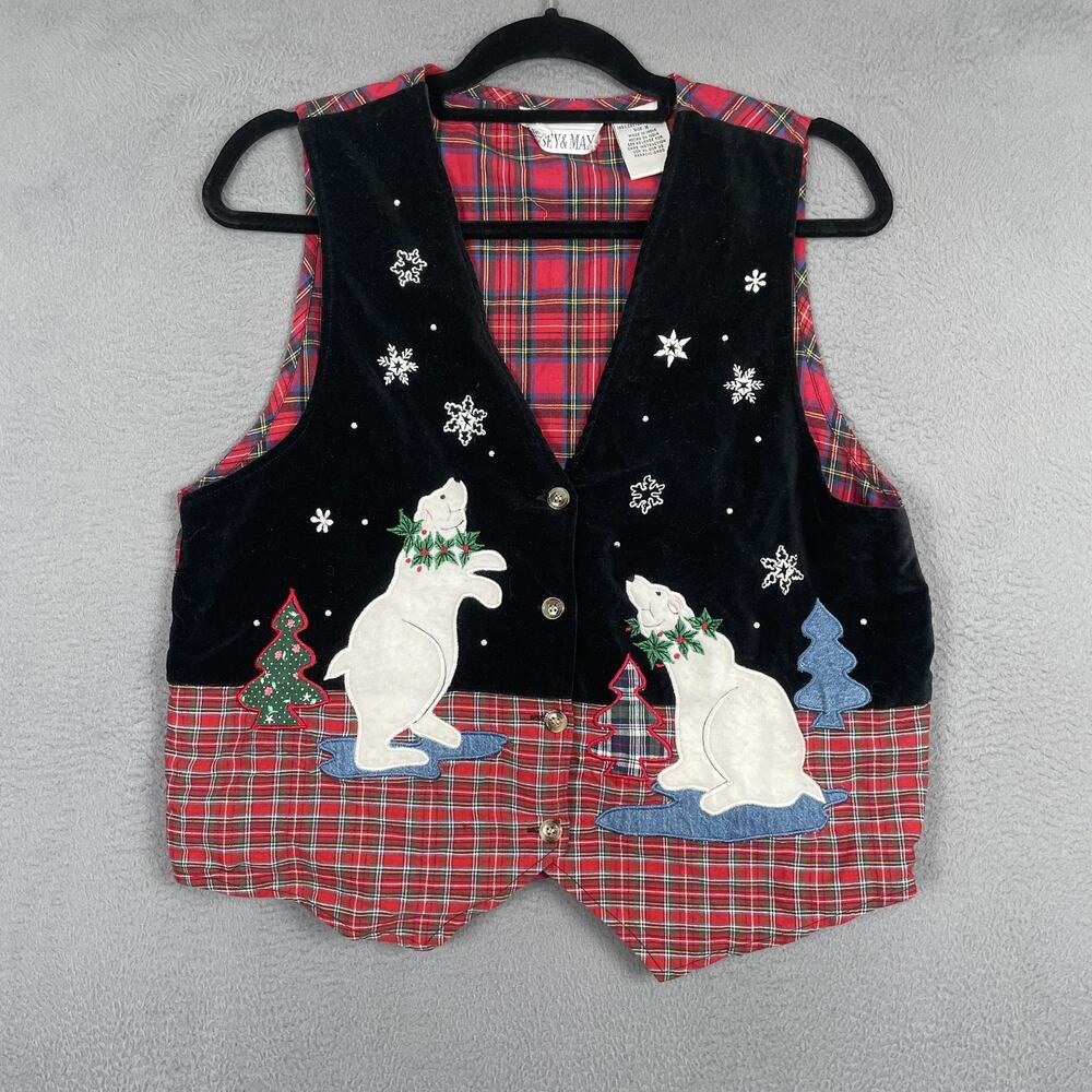 Casey & Max Vest Womens Medium Plaid Black Velvet Polar Bear Christmas Holiday